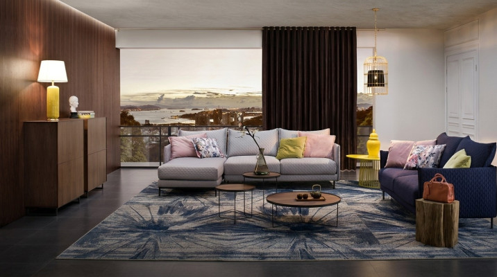 Moderno sofá de esquina en forma de L tapizado asiento esquina conjunto de sofá textil.