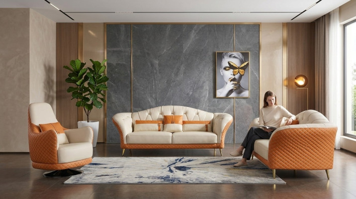 Conjunto de sofás de lujo de 3+1+1 plazas con sofá de muebles de cuero y tela.