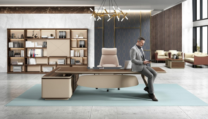 Muebles de oficina, conjunto de 2 piezas. Mesa del jefe, archivador, escritorio, mesas, estante.
