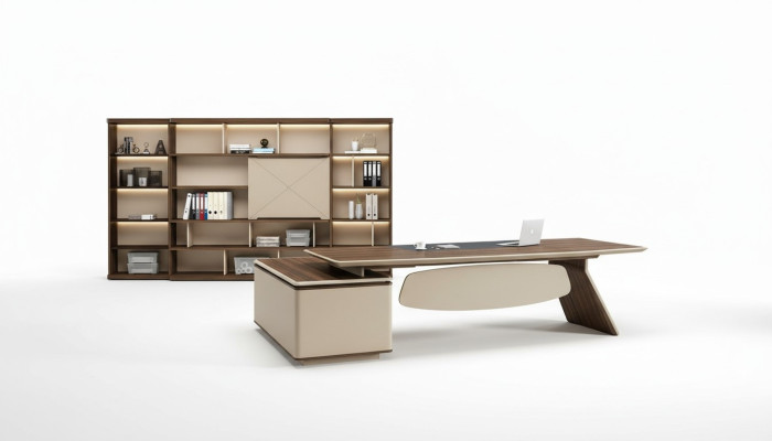 Muebles de oficina, conjunto de 2 piezas. Mesa del jefe, archivador, escritorio, mesas, estante.