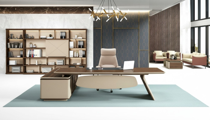 Escritorio elegante y armario de oficina grande en un diseño contemporáneo.