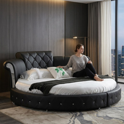 Cama redonda clásica de lujo Chesterfield de diseño acolchado redondo en cuero de terciopelo.