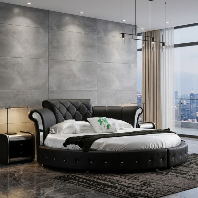 Cama redonda clásica de lujo Chesterfield de diseño acolchado redondo en cuero de terciopelo.