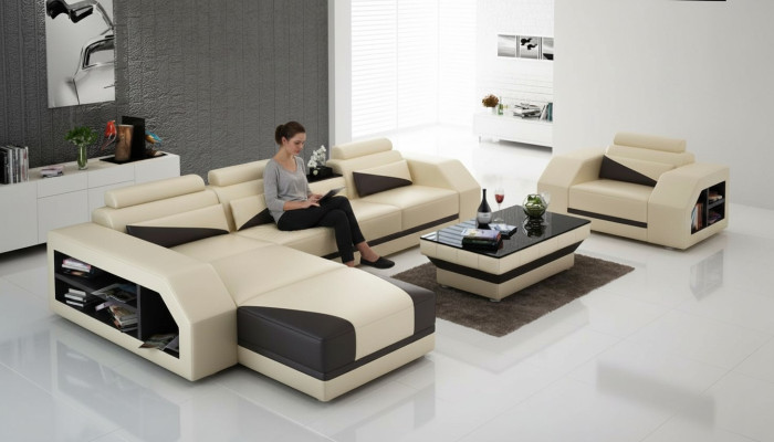 Sofá de cuero con chaise longue en forma de L con juego de sillones moderno.