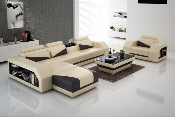Sofá de cuero con chaise longue en forma de L con juego de sillones moderno.