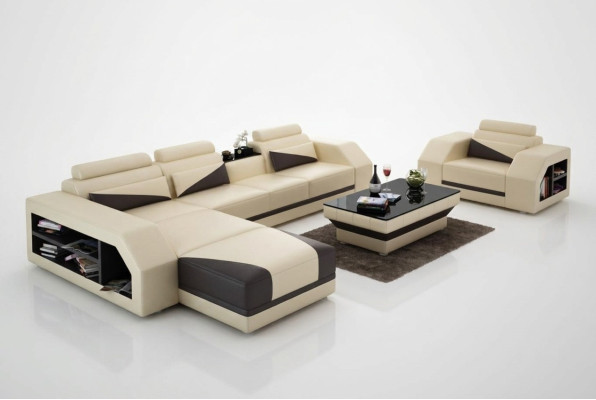 Sofá de cuero con chaise longue en forma de L con juego de sillones moderno.