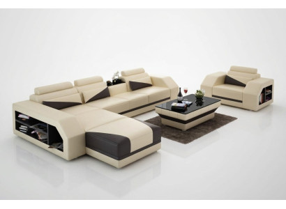 Sofá de cuero con chaise longue en forma de L con juego de sillones moderno.