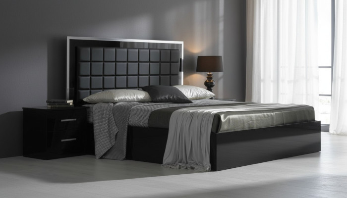 Conjunto de 3 piezas de muebles para dormitorio: cama de hotel + 2 mesitas de noche en alto brillo, camas italianas.
