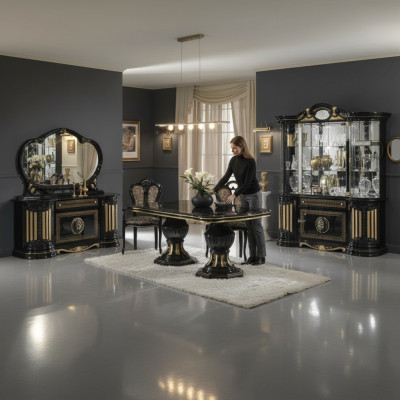 Mesa de comedor de diseño clásico estilo italiano muebles mesas negro y dorado.