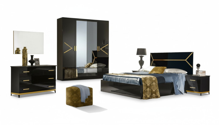 Juego de dormitorio clásico de lujo en estilo moderno, cama de 6 piezas. Cómoda de madera.