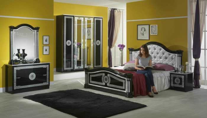 Conjunto completo de dormitorio negro con cómoda, estilo cama, juego de 6 piezas. Barroco nuevo.