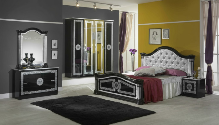Conjunto completo de dormitorio negro con cómoda, estilo cama, juego de 6 piezas. Barroco nuevo.