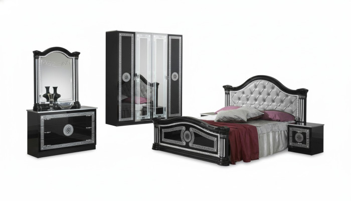 Conjunto completo de dormitorio negro con cómoda, estilo cama, juego de 6 piezas. Barroco nuevo.