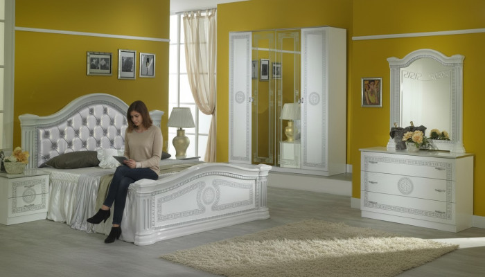 Conjunto completo de dormitorio Diseño Moderno de Lujo Cama 2x Mesita de noche 6 piezas Armario
