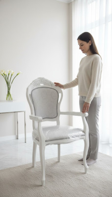 Silla Blanca Plata Diseño Sala de estar Comedor Madera Sillas Tapizadas Hechas en Italia