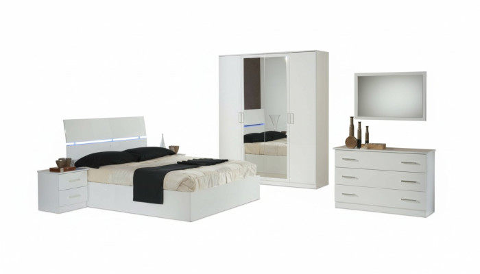 Diseño de dormitorio de 6 piezas. Conjunto completo con cama, mesita de noche, cómoda, espejo de madera.