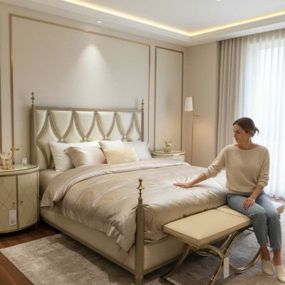 Cama clásica Barroco Rococó Hotel Cama Cama tapizada Cama doble Cuero