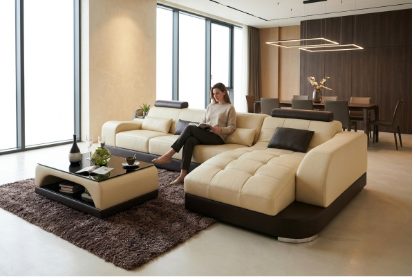Sofá en forma de L de esquina en tela, conjunto de sofás de diseño moderno y salón.