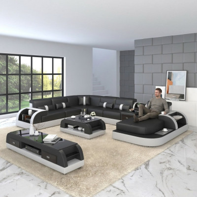 Sofá en forma de U, conjunto de tapicería de sofá, sofá esquinero de diseño de sala de estar en cuero