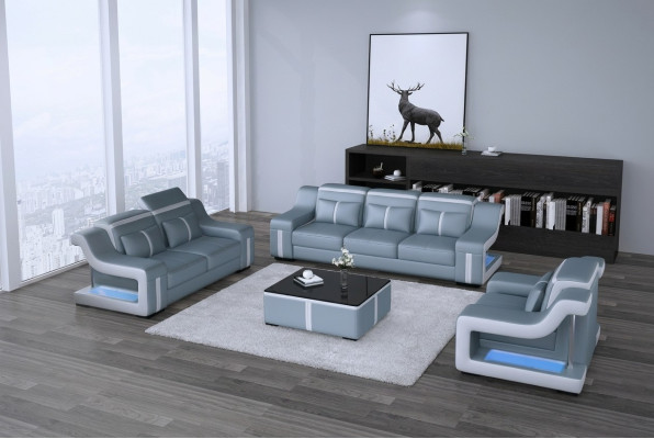 Sofá de cuero tela tela 3 plazas sofá diseñador asiento conjunto de cojines gris nuevo
