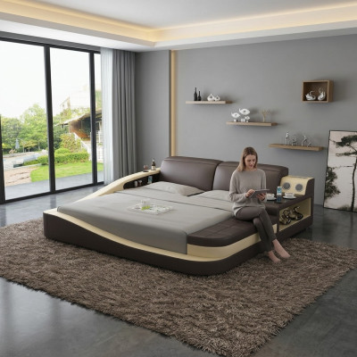 Diseño de cama de lujo para dormitorio acolchado de cuero doble camas de hotel textil