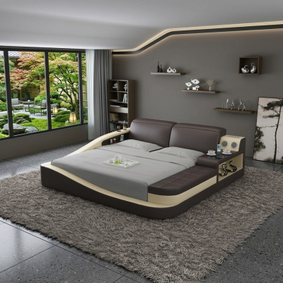 Diseño de cama de lujo para dormitorio acolchado de cuero doble camas de hotel textil