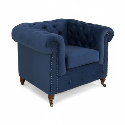 Sillón de diseñador de 1 plaza en cuero azul y tela, lujoso sofá club lounge Chesterfield.