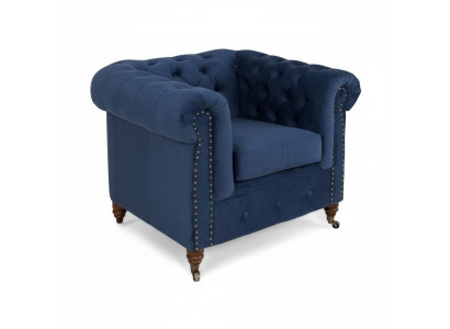 Sillón de diseñador de 1 plaza en cuero azul y tela, lujoso sofá club lounge Chesterfield.