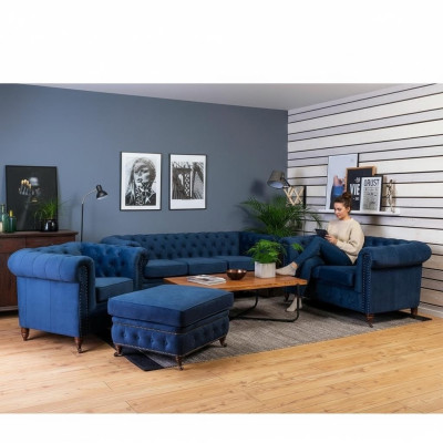 Conjunto de sofás de 3+1 plazas, sofás, sofá tapizado, conjunto azul clásico de sofás.
