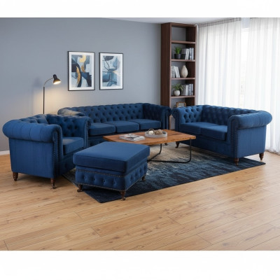 Conjunto de sofás de 3+1 plazas, sofás, sofá tapizado, conjunto azul clásico de sofás.