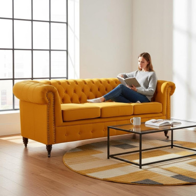 Muebles Chesterfield clásicos Sofá de tres plazas Tela Diseño elegante Naranja
