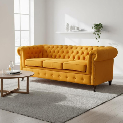Muebles Chesterfield clásicos Sofá de tres plazas Tela Diseño elegante Naranja