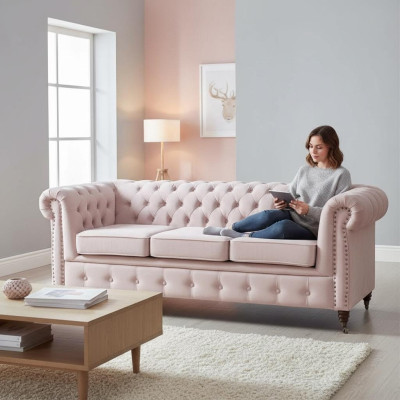 Muebles Chesterfield clásicos de 3 plazas en tela - Sofá de diseño elegante nuevo.