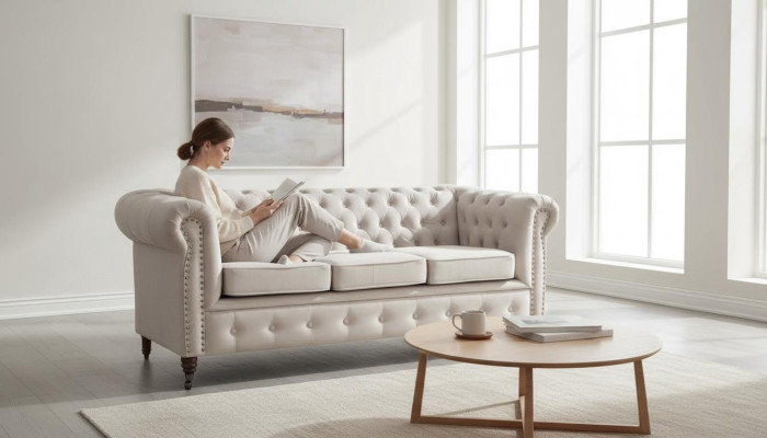 Chesterfield sofá de tres plazas sofá tapizado + taburete Sofás Sofás 2 piezas. Set Nuevo