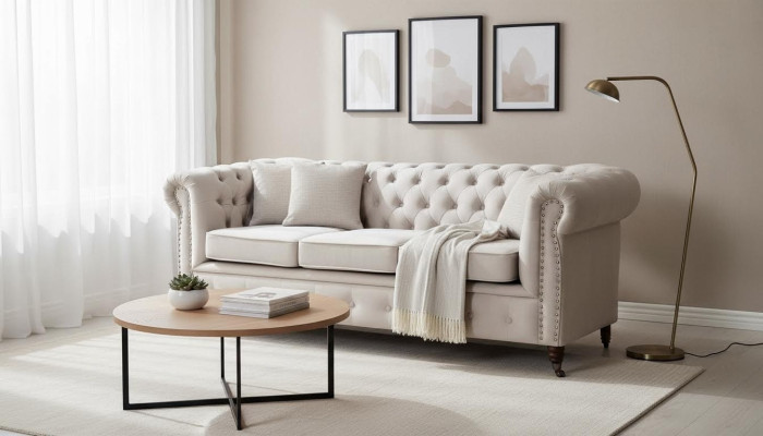 Chesterfield sofá de tres plazas sofá tapizado + taburete Sofás Sofás 2 piezas. Set Nuevo