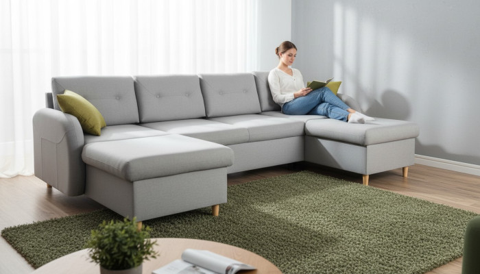Sofá de esquina de tela con función de cama en forma de U, diseño de sofá decorativo.