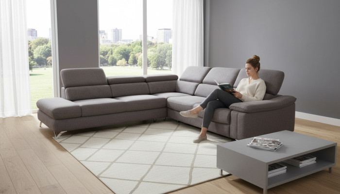 Diseño de sofá esquinero en forma de L con función de cama, sofá de cuero y tela multifunción.