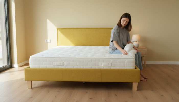 Cama doble Cama Camas Acolchado Dormitorio Baúl de cama Matrimonio Amarillo Textil Tela