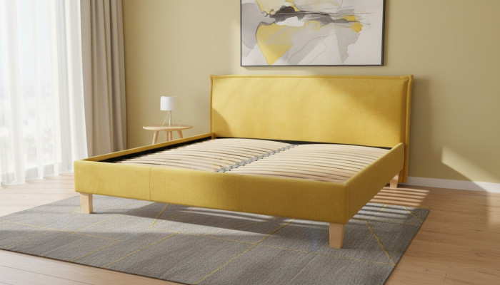Cama doble Cama Camas Acolchado Dormitorio Baúl de cama Matrimonio Amarillo Textil Tela