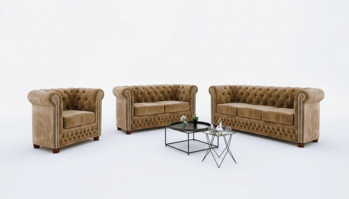 Clásicos y elegantes muebles Chesterfield de dos plazas en tela en diseño de sofá marrón.
