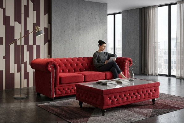 Chesterfield Textil Sofá tapizado de 2 plazas de tela Sofás Sofás de dos plazas Rojo