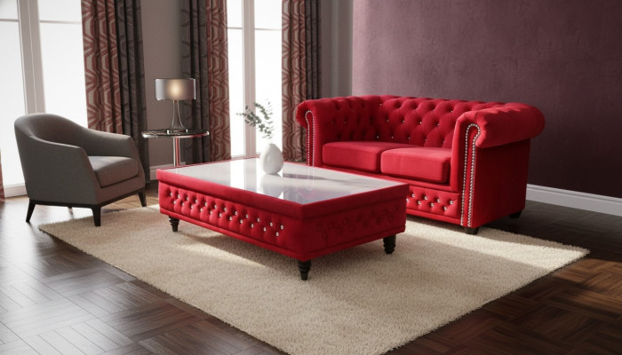 Mesa de centro de diseño Chesterfield, mesa de vidrio, mesa, sofá tapizado, mesas auxiliares.