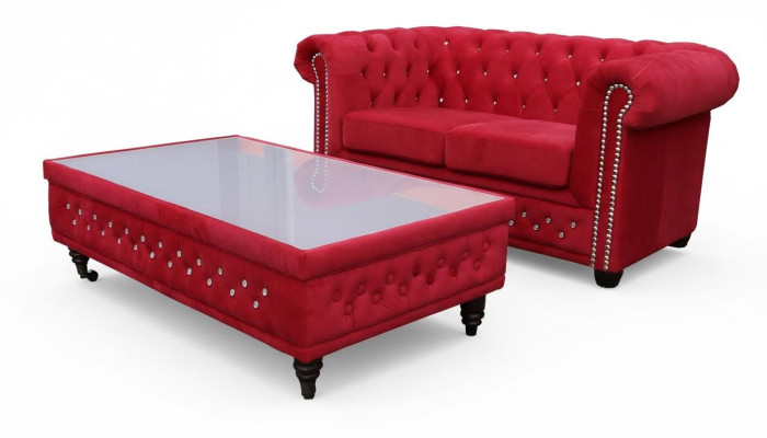 Mesa de centro de diseño Chesterfield, mesa de vidrio, mesa, sofá tapizado, mesas auxiliares.