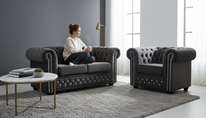 Sofá Chesterfield de tela acolchado de 2 plazas, Sofás de tela de dos plazas en negro.