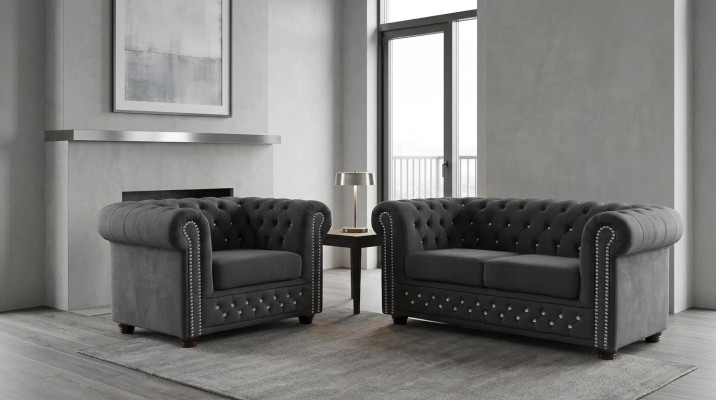 Sofá Chesterfield de tela acolchado de 2 plazas, Sofás de tela de dos plazas en negro.