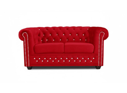 Chesterfield Sofá en tela de dos plazas, tapizado en tela, dos plazas, tela roja.