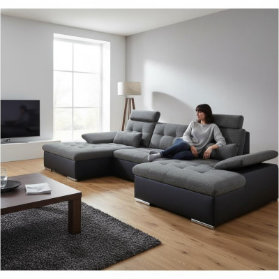 Sofá en forma de L, conjunto de salón con función de cama y diseño acolchado.