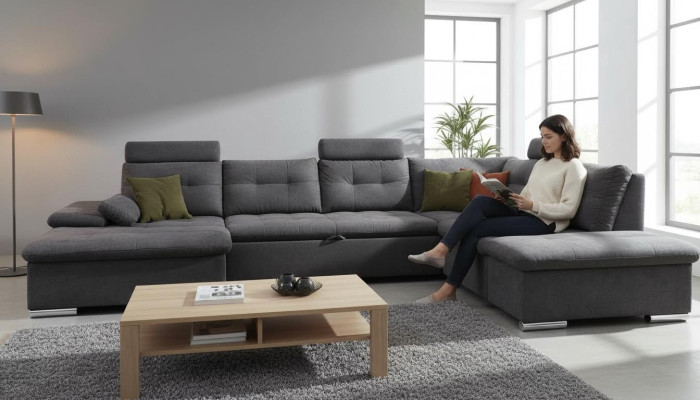 Sofá de esquina en forma de U, conjunto de sofás de tela con función de cama para la sala de estar.