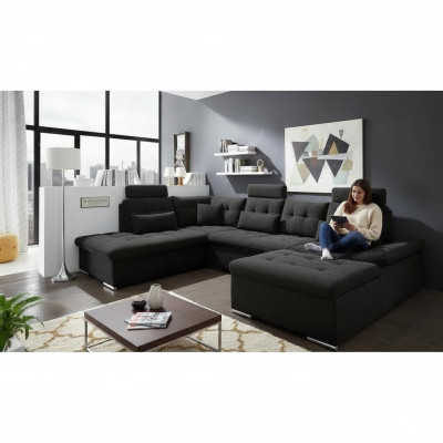 Sofá de esquina en forma de U, diseño de sofá acolchado moderno en textil con caja de almacenamiento y función de cama.