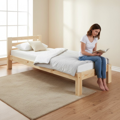 Cama individual de pino macizo de madera de pino 100x200 Estructura de cama de madera nueva.